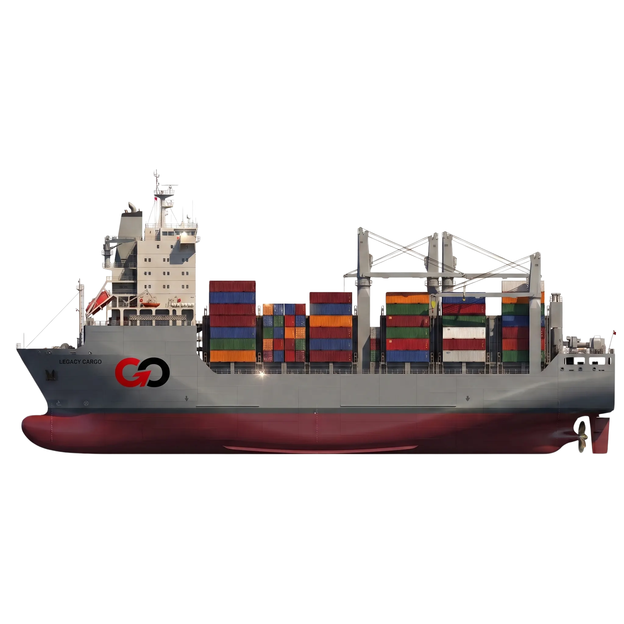 Buque de carga con contenedores y el isotipo de Legacy Cargo